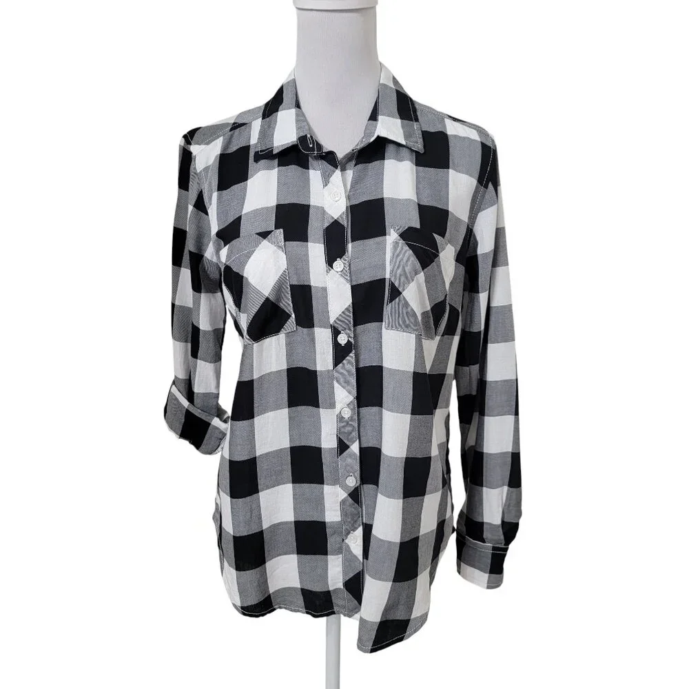 Faded Glory Size S (4-6) Black & White Plaid Long Sleeve Button Down Shirt NEW